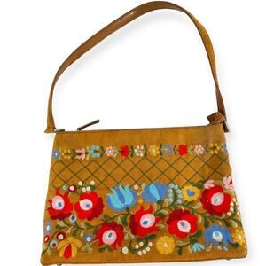 Unbranded Faux Suede Floral Embroidered Mini Handbag Brown Women's Bohemian
